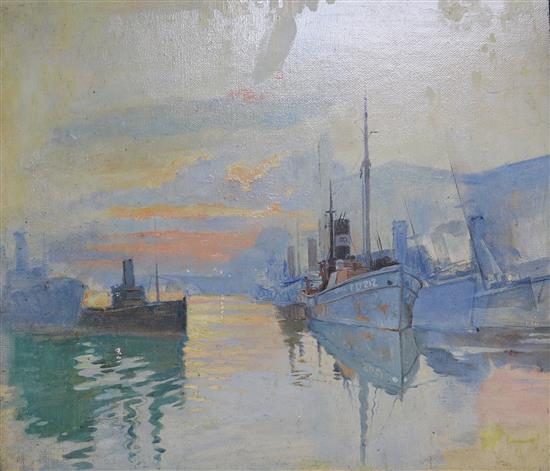 English School c.1900, oil on canvas board, shipping in harbour, 30 x 34cm